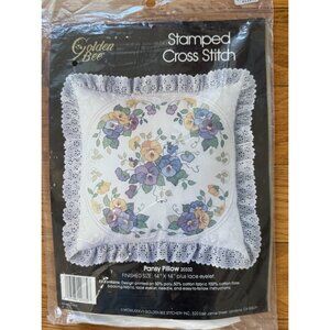 Vintage Golden Bee Stamped Cross Stitch Pansy Pillow Kit Lace 20332 New 14 x 14